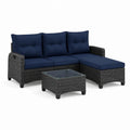 Salon de jardin d’angle 3 places en résine tressée gris anthracite avec coussins bleu marine et table basse 193 x 140 x 60 cm