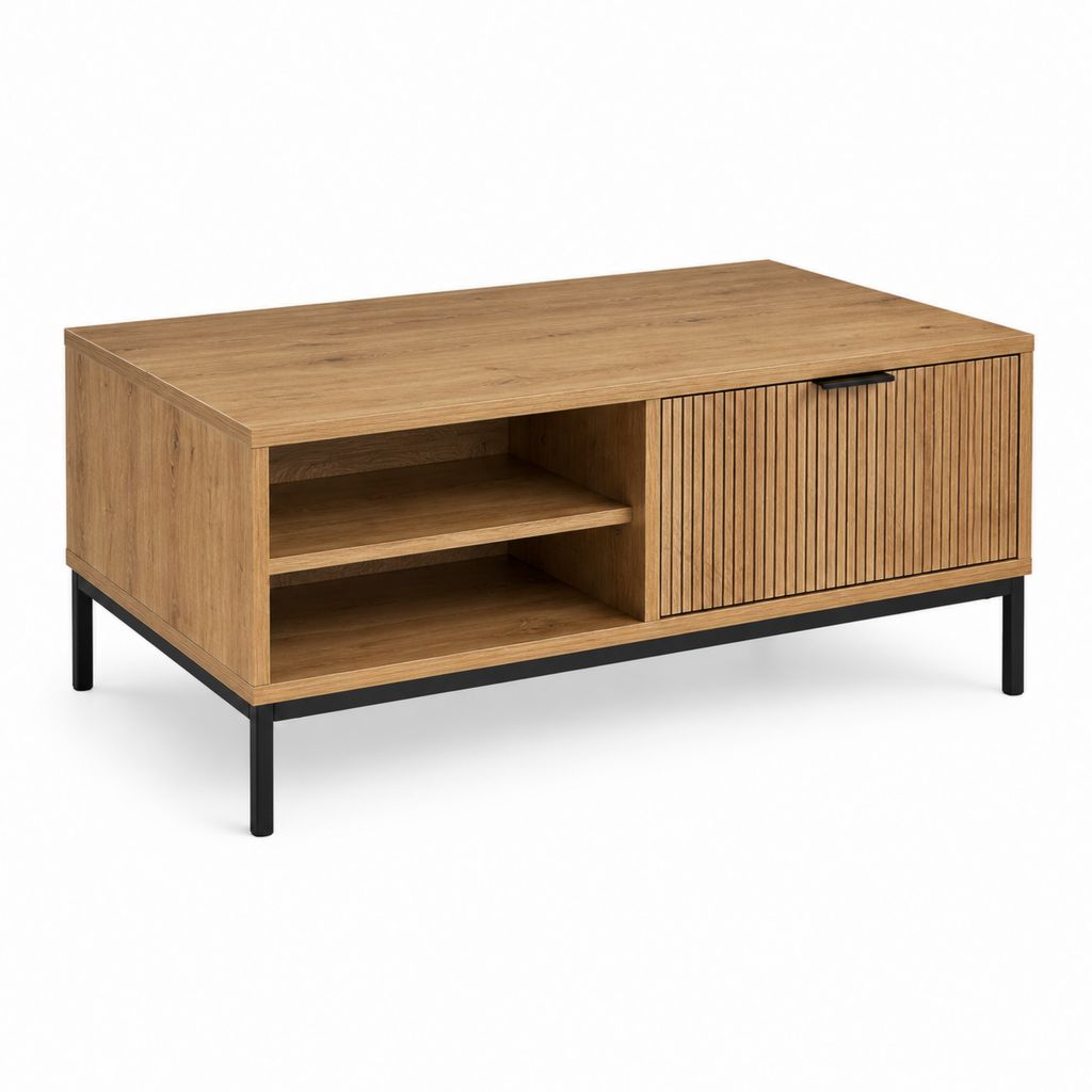 Table basse avec rangement chêne clair en panneaux de particules et acier rectangulaire 100 x 60 x 45 cm