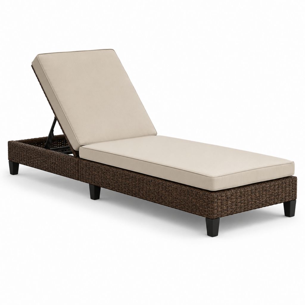 Bain de soleil inclinable en résine tressée marron avec coussin beige 200 x 65 x 30 cm