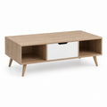 Table basse rectangulaire chêne clair et blanc en panneaux MDF 100 x 50 x 45 cm avec tiroir et niches