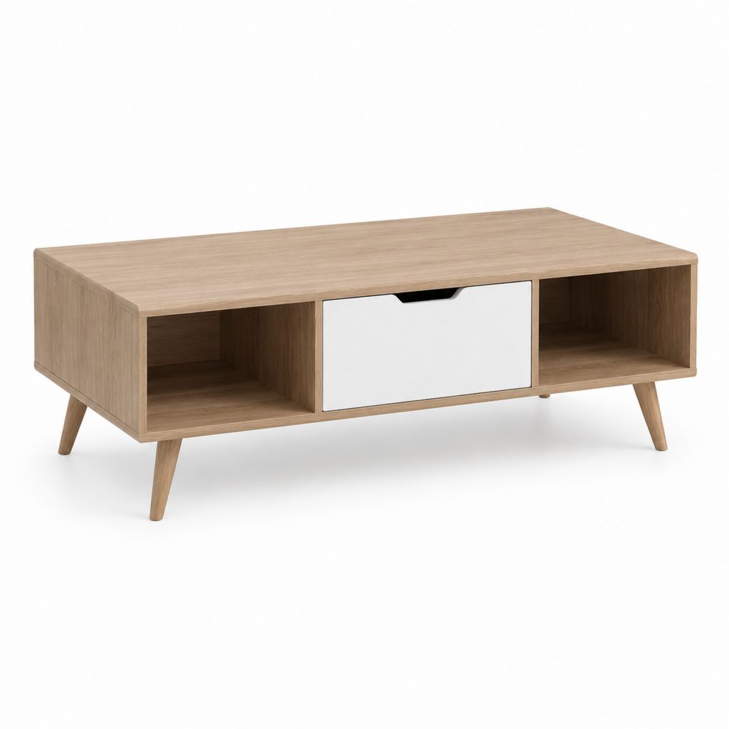 Table basse rectangulaire chêne clair et blanc en panneaux MDF 100 x 50 x 45 cm avec tiroir et niches