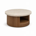 Table basse ronde beige et noyer en pierre frittée et MDF diamètre 80 cm hauteur 40 cm
