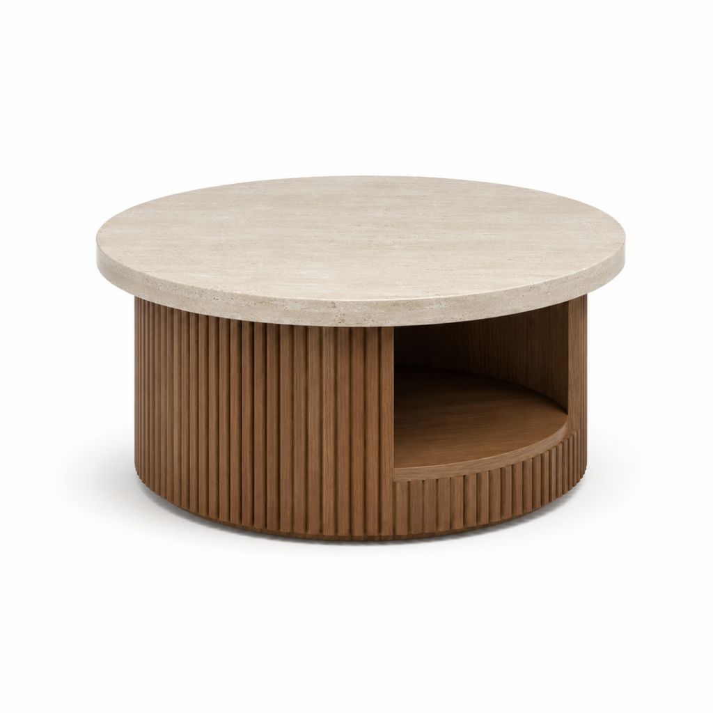 Table basse ronde beige et noyer en pierre frittée et MDF diamètre 80 cm hauteur 40 cm