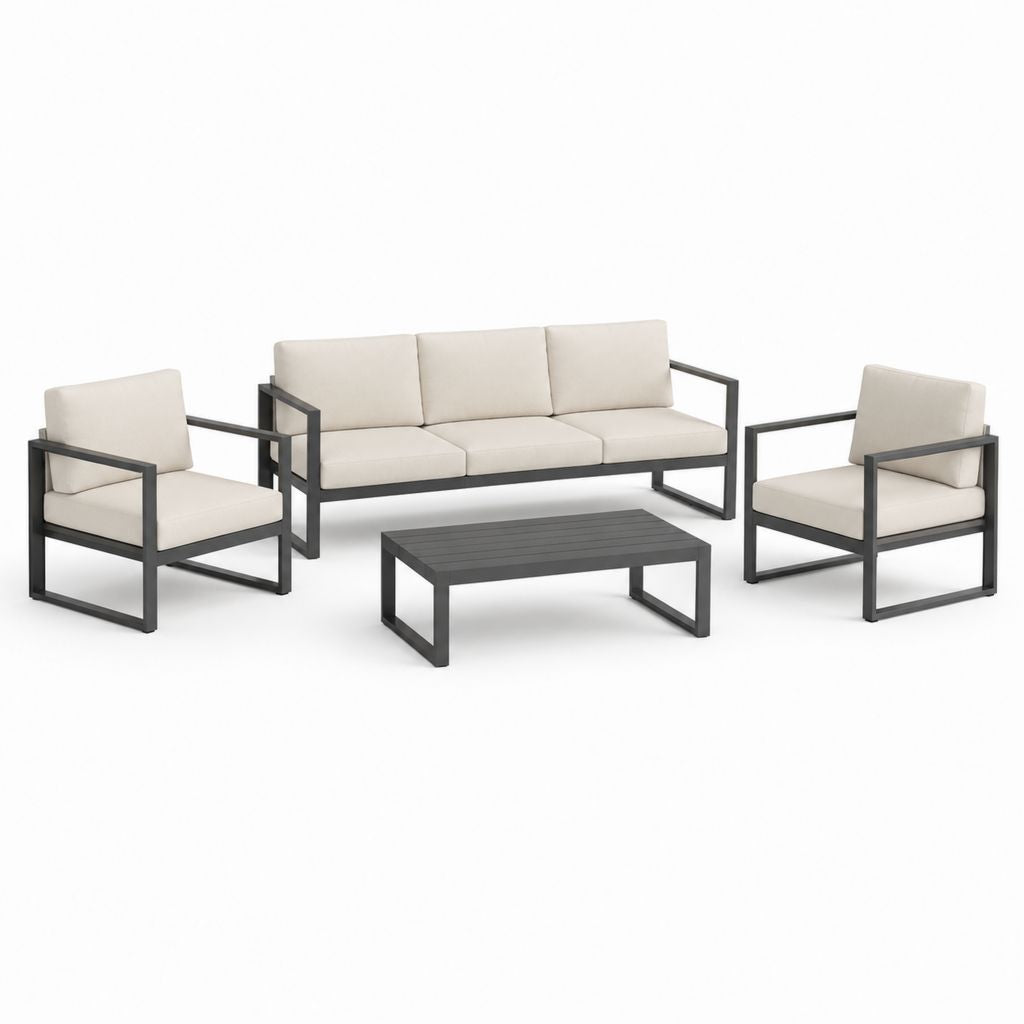 Salon de jardin 4 pièces en aluminium anthracite avec coussins écru canapé 3 places 200 x 75 x 65 cm