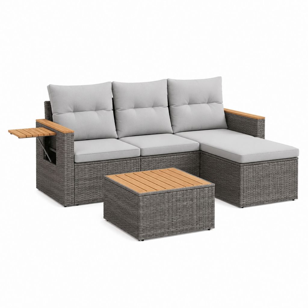 Salon de jardin d’angle 3 places gris anthracite en résine tressée PE avec coussins gris clair et plateau en acacia 210 x 140 x 65 cm