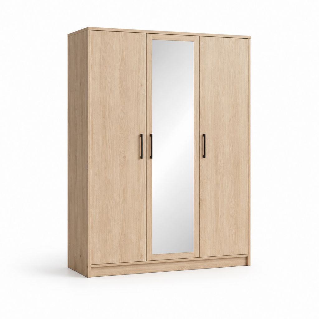 Armoire 3 portes avec miroir rectangulaire chêne clair en panneaux de particules 120 x 190 x 52 cm