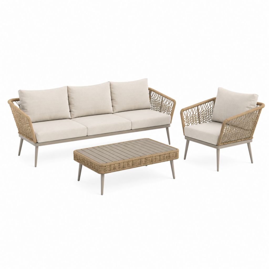 Salon de jardin 3 pièces beige en résine tressée PE avec canapé 3 places fauteuil et table basse 200 x 78 x 77 cm