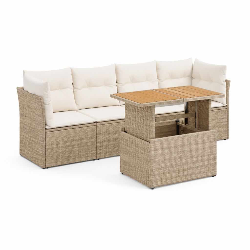 Salon de jardin d'angle 5 places avec table relevable beige en résine tressée PE 220 x 165 x 86 cm