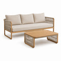 Canapé de jardin 3 places avec table basse rectangulaire 2 pièces beige en acacia massif et corde PP 200 x 80 x 75 cm