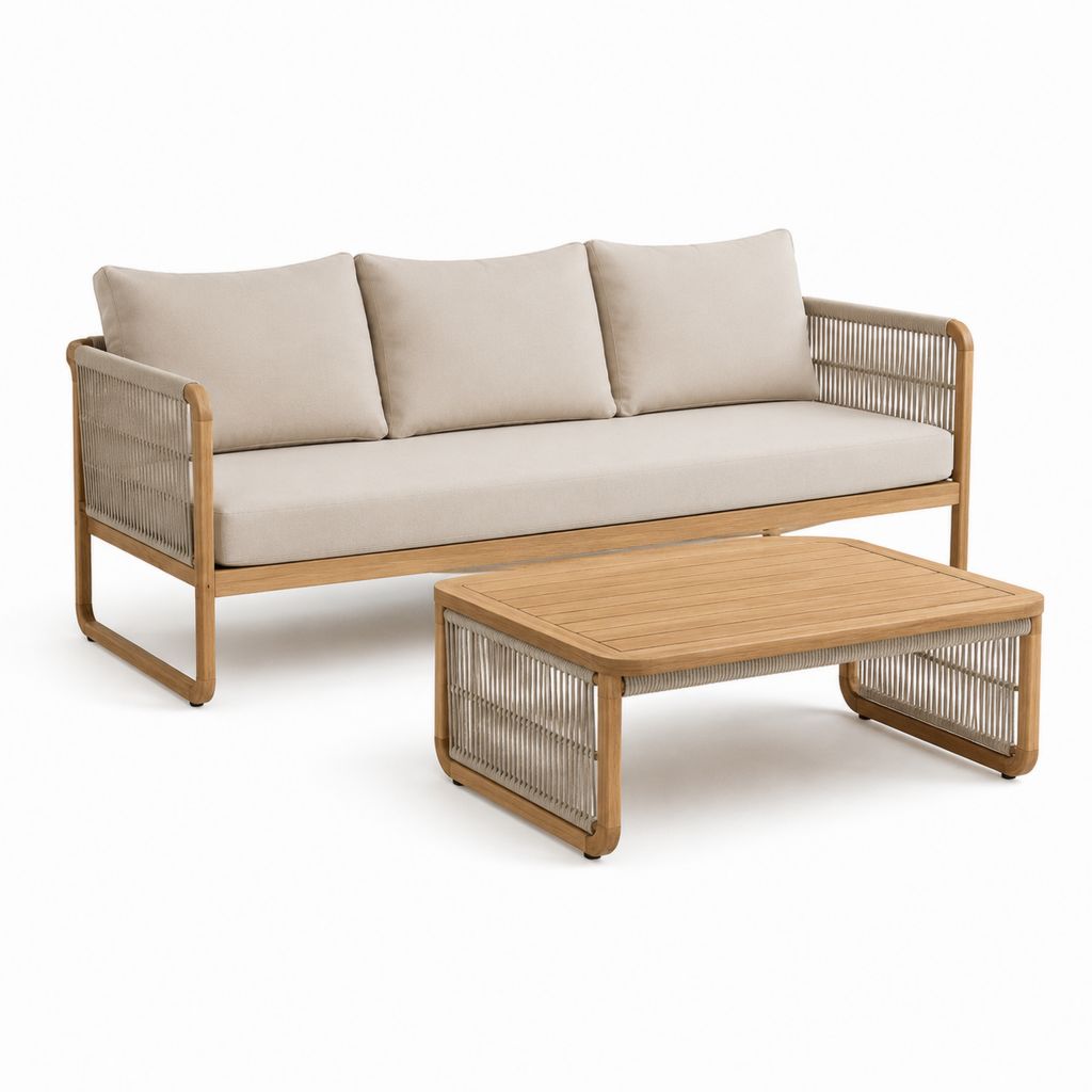 Canapé de jardin 3 places avec table basse rectangulaire 2 pièces beige en acacia massif et corde PP 200 x 80 x 75 cm