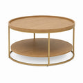 Table basse ronde chêne clair et acier doré avec plateau et tablette Ø 80 x H 45 cm