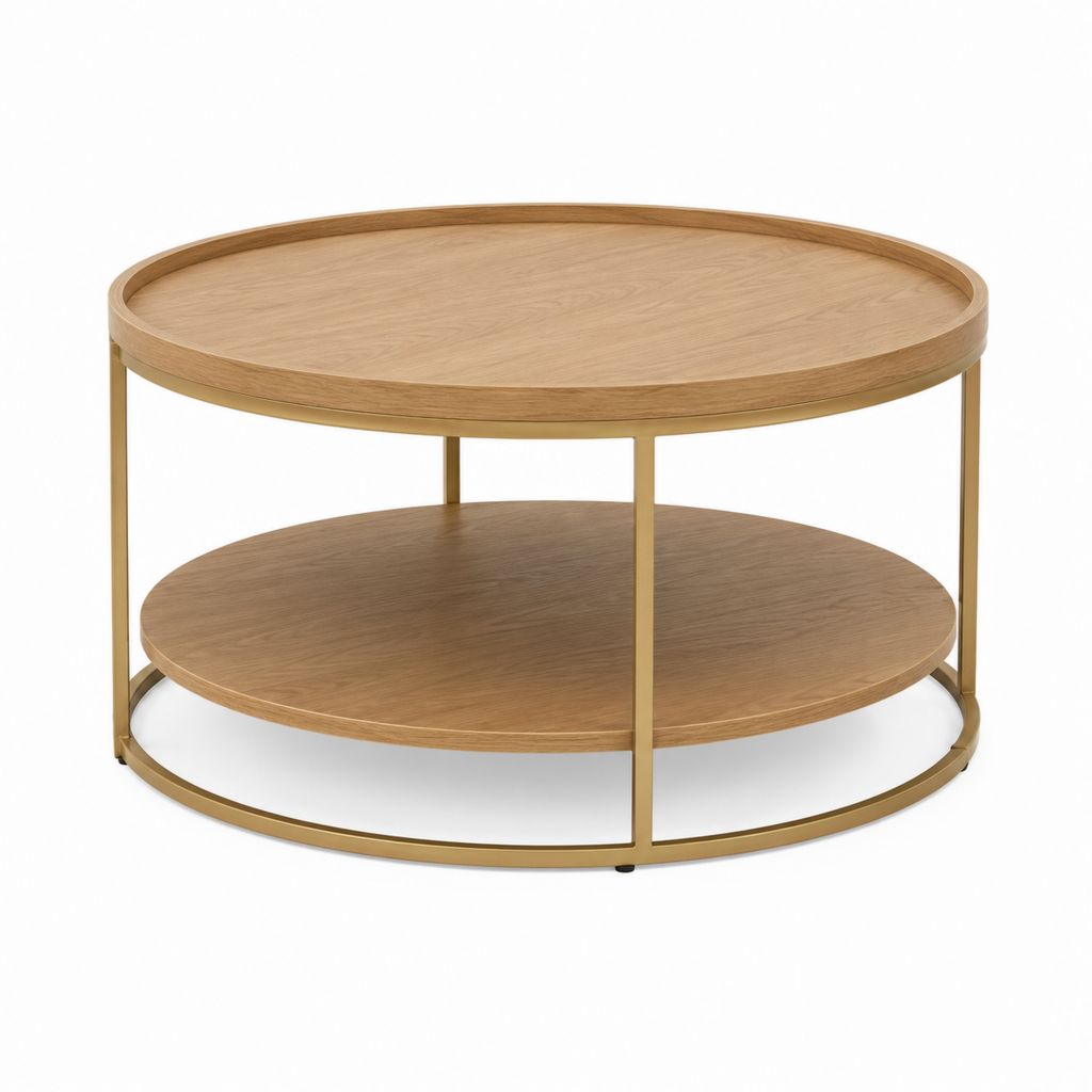 Table basse ronde chêne clair et acier doré avec plateau et tablette Ø 80 x H 45 cm