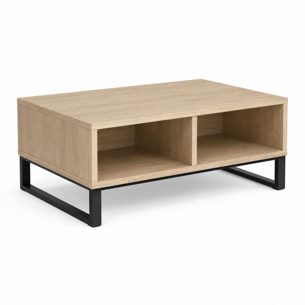 Table basse avec rangement chêne clair noir en panneaux de particules et acier rectangulaire 100 x 60 x 45 cm