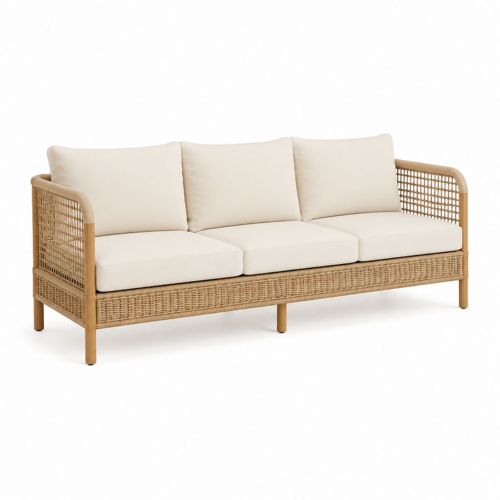 Canapé de jardin 3 places beige en résine tressée PE avec coussins 200 x 80 x 75 cm