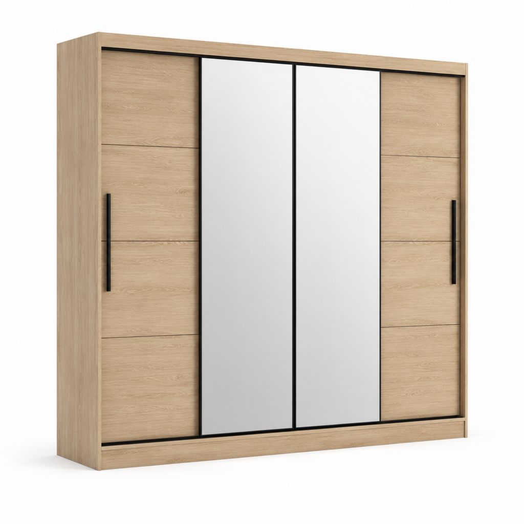 Armoire à portes coulissantes chêne clair en panneaux de particules mélaminés avec 2 miroirs 250 x 220 x 62 cm