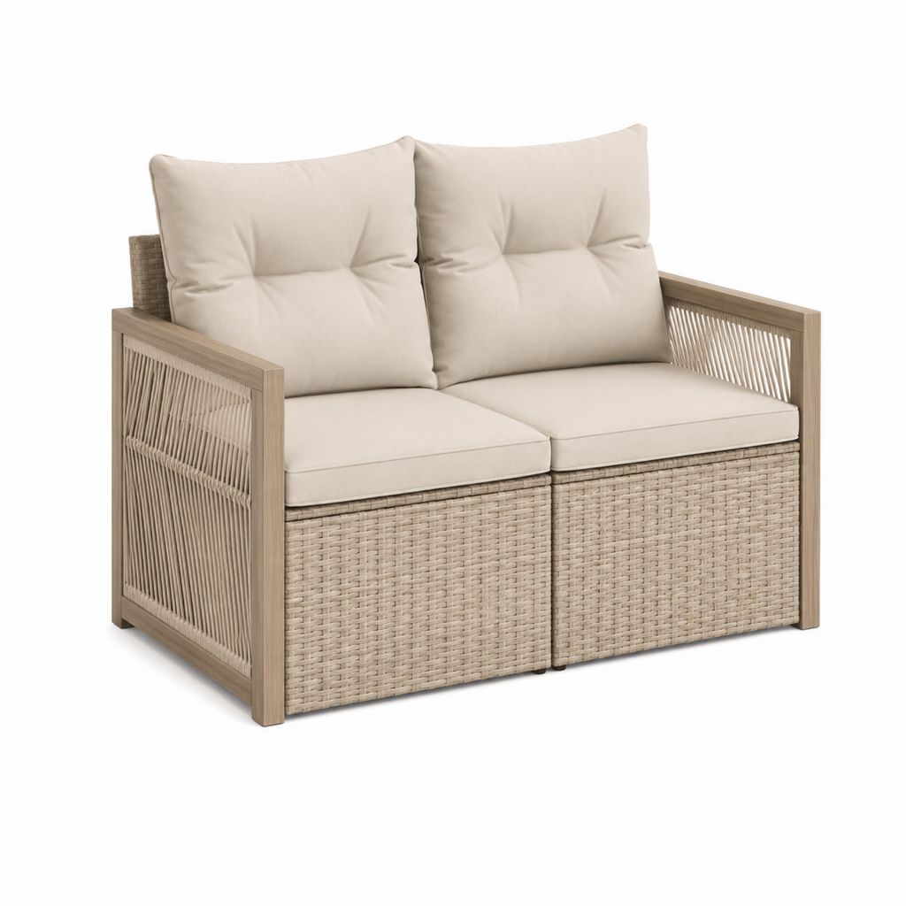 Canapé de jardin 2 places beige en résine tressée et corde 130 x 75 x 82 cm