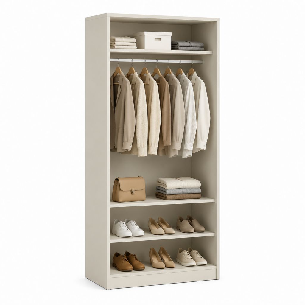 Armoire ouverte beige en panneaux de particules 80 x 50 x 200 cm avec penderie et étagères