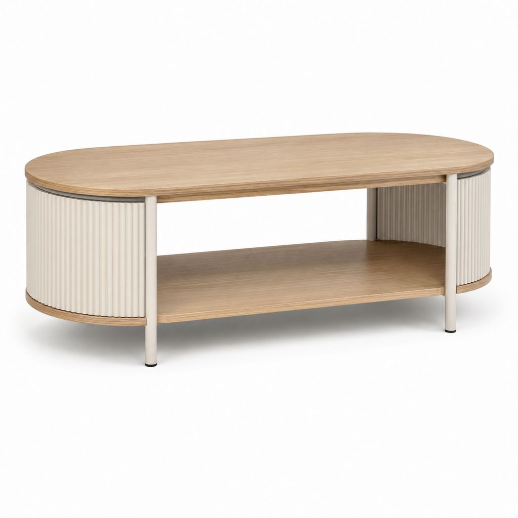 Table basse ovale avec étagère chêne clair et blanc 120 x 60 x 45 cm