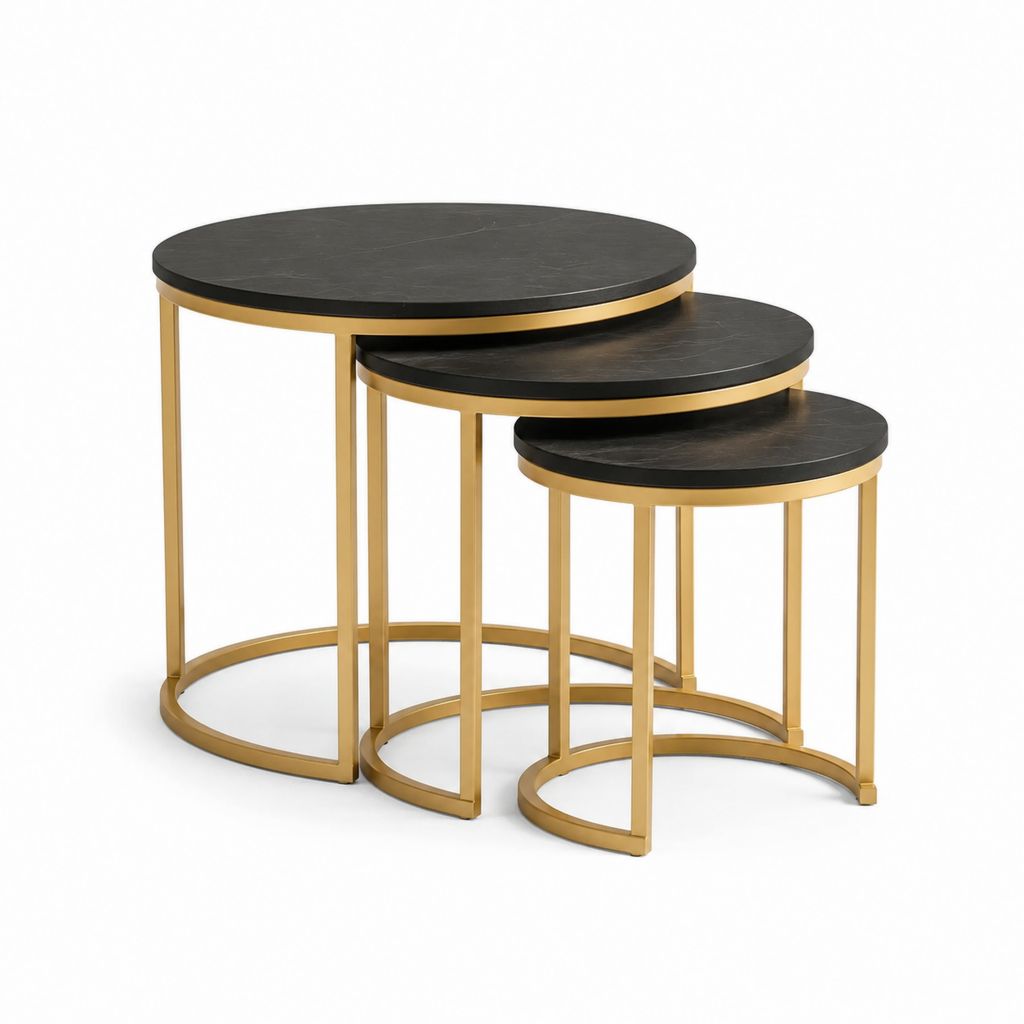 Tables basses gigognes rondes noires et dorées en MDF et acier 60 x 60 x 55 cm 50 x 50 x 50 cm 40 x 40 x 45 cm