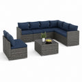 Salon de jardin modulable 8 pièces gris anthracite et bleu marine en résine tressée avec table 70 x 70 x 29 cm