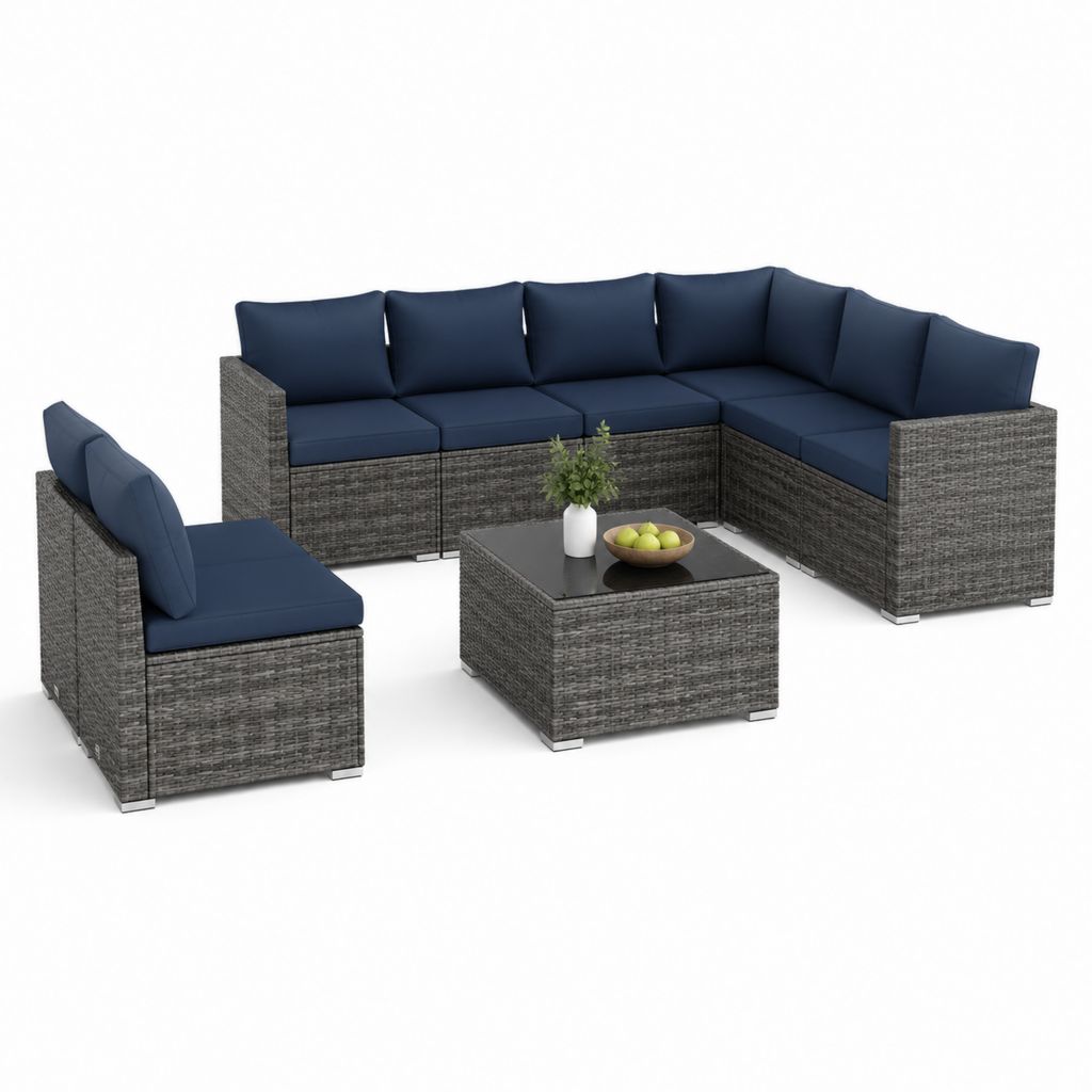 Salon de jardin modulable 8 pièces gris anthracite et bleu marine en résine tressée avec table 70 x 70 x 29 cm