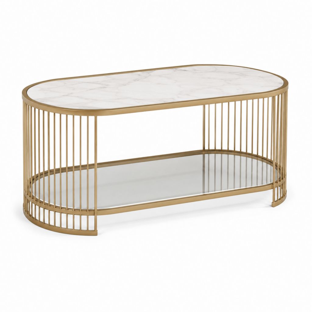 Table basse ovale blanche et dorée en verre trempé et acier 120 x 60 x 45 cm