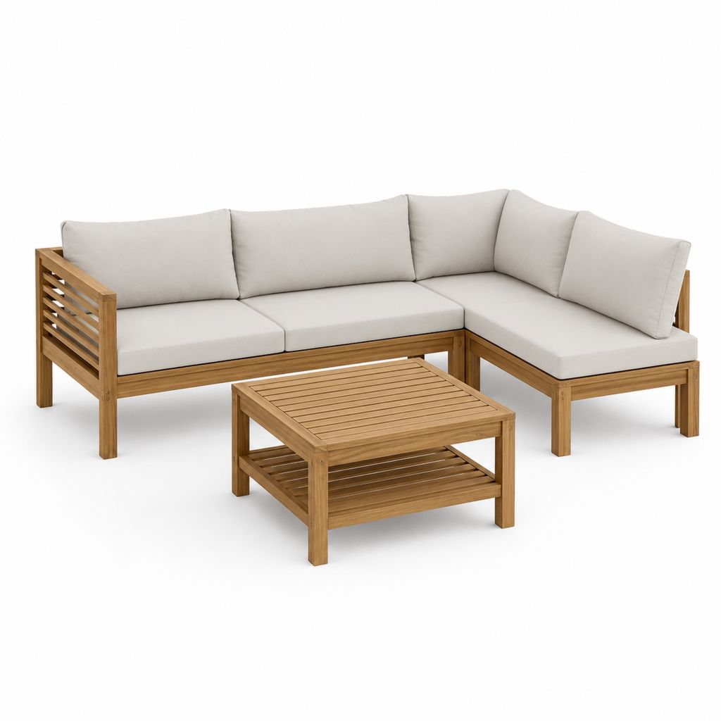 Salon de jardin d’angle 3 places avec table basse beige en acacia massif 210 x 140 x 65 cm