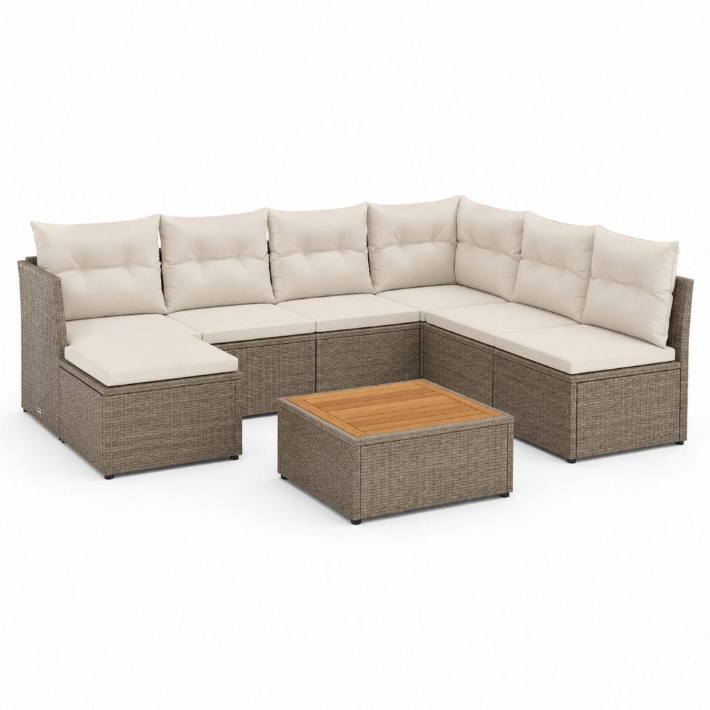 Salon de jardin d’angle 7 pièces taupe beige en résine tressée PE acier et polyester 280 x 210 x 63 cm