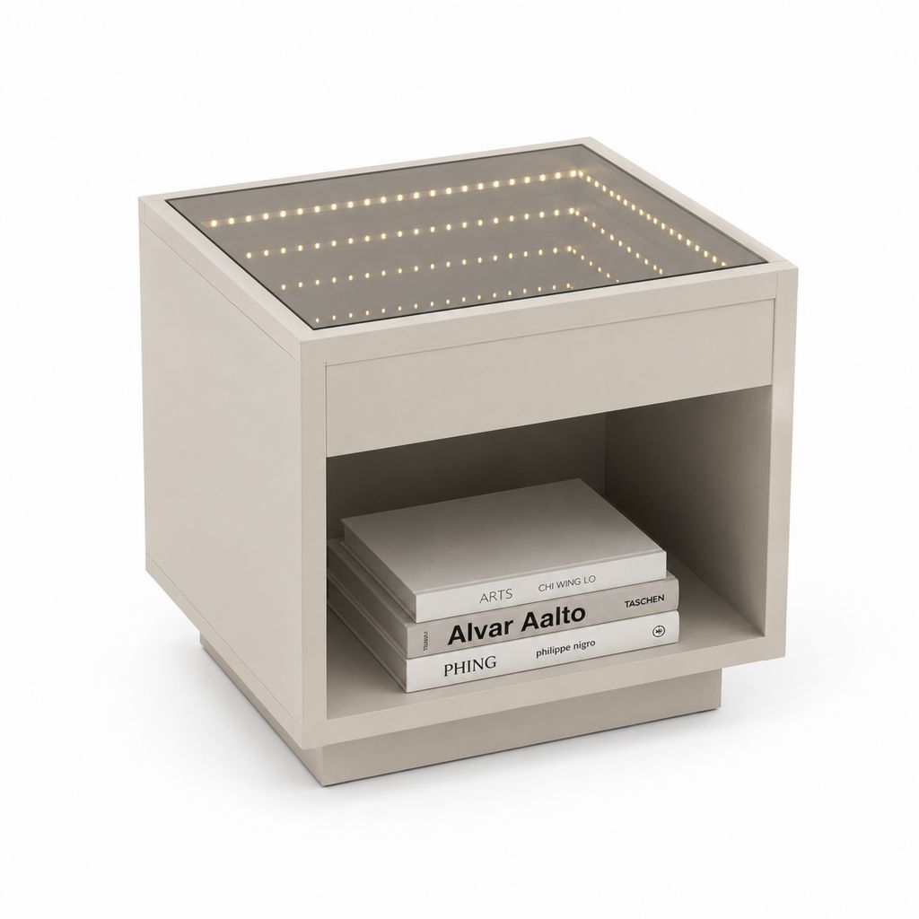 Table basse carrée beige en MDF avec plateau miroir LED 50 x 50 x 50 cm