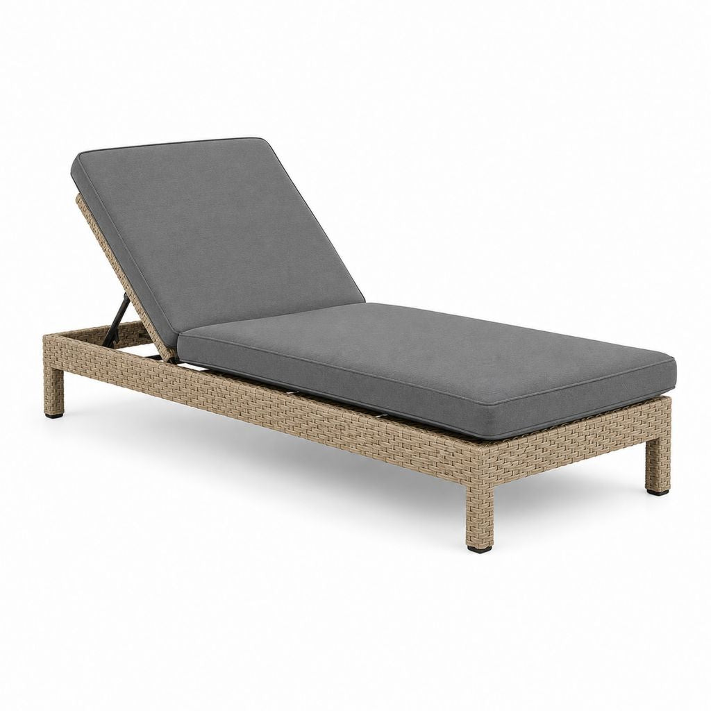 Bain de soleil réglable en résine tressée beige avec coussin gris 198 x 65 x 30 cm
